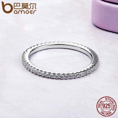 BAMOER Classic 925 Sterling Silver High Quality Circle Clear CZ Geometric Stackable Rings for Women Wedding Jewelry