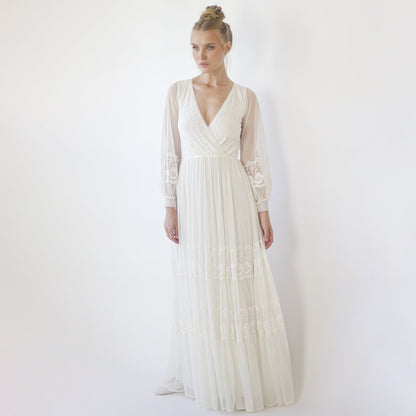 Bestseller Ivory Wrap Lace Wedding Dress With Chiffon Mesh Sleeves #1352