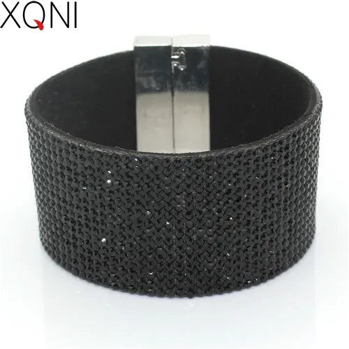 XQNI New Fashion High Quality Handmade Crystal Leather Bracelet for Men Women Trendy Black Rhinestone Classic Charm Bracelet.