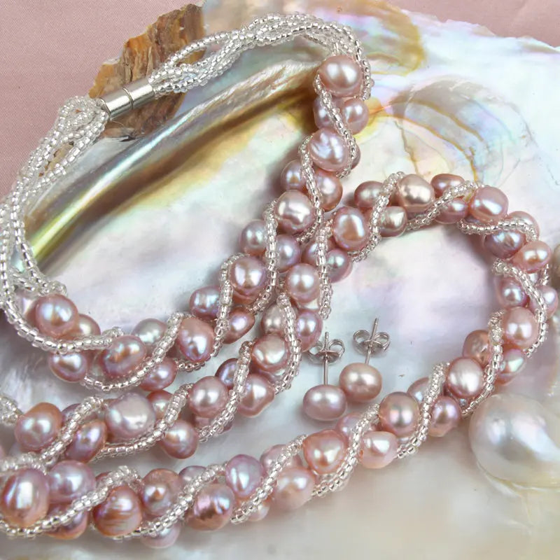 ASHIQI Real Natural Freshwater Pearl Handmade Jewelry Sets & More Necklace Bracelet 925 Silver Earrings for Women Wedding