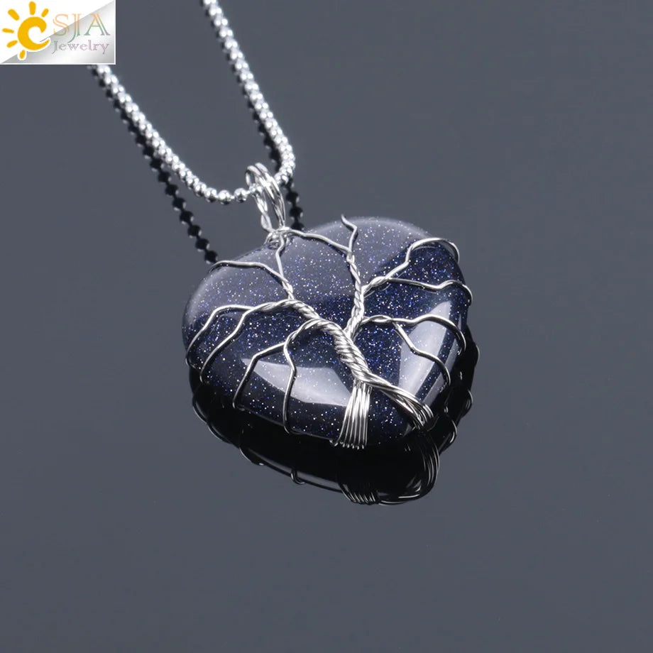 CSJA Tree of Life Wire Wrapped Love Heart Necklace & Pendant Suspension Natural Gem Stone Tiger Eye Pink Quartz Black Onyx F053