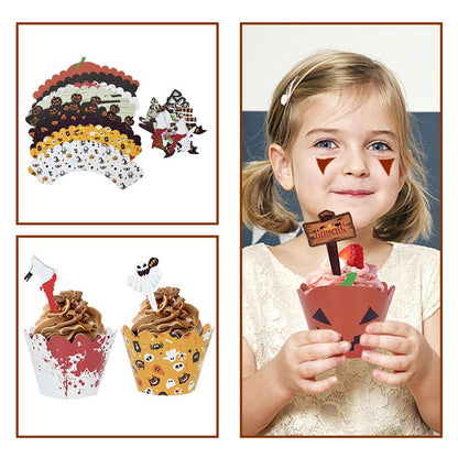 24/32 Pieces Halloween Cupcake Wrappers Pumpkin Spiderweb Bat Toppers Cupcake Kit for Halloween Party Cake Decoration Baking Cup