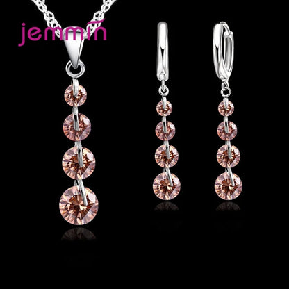 Romantic 925 Sterling Silver  Link Chain Crystal Pendant Necklace Jewelry Set for Women Earrings Wedding Jewelry Sets