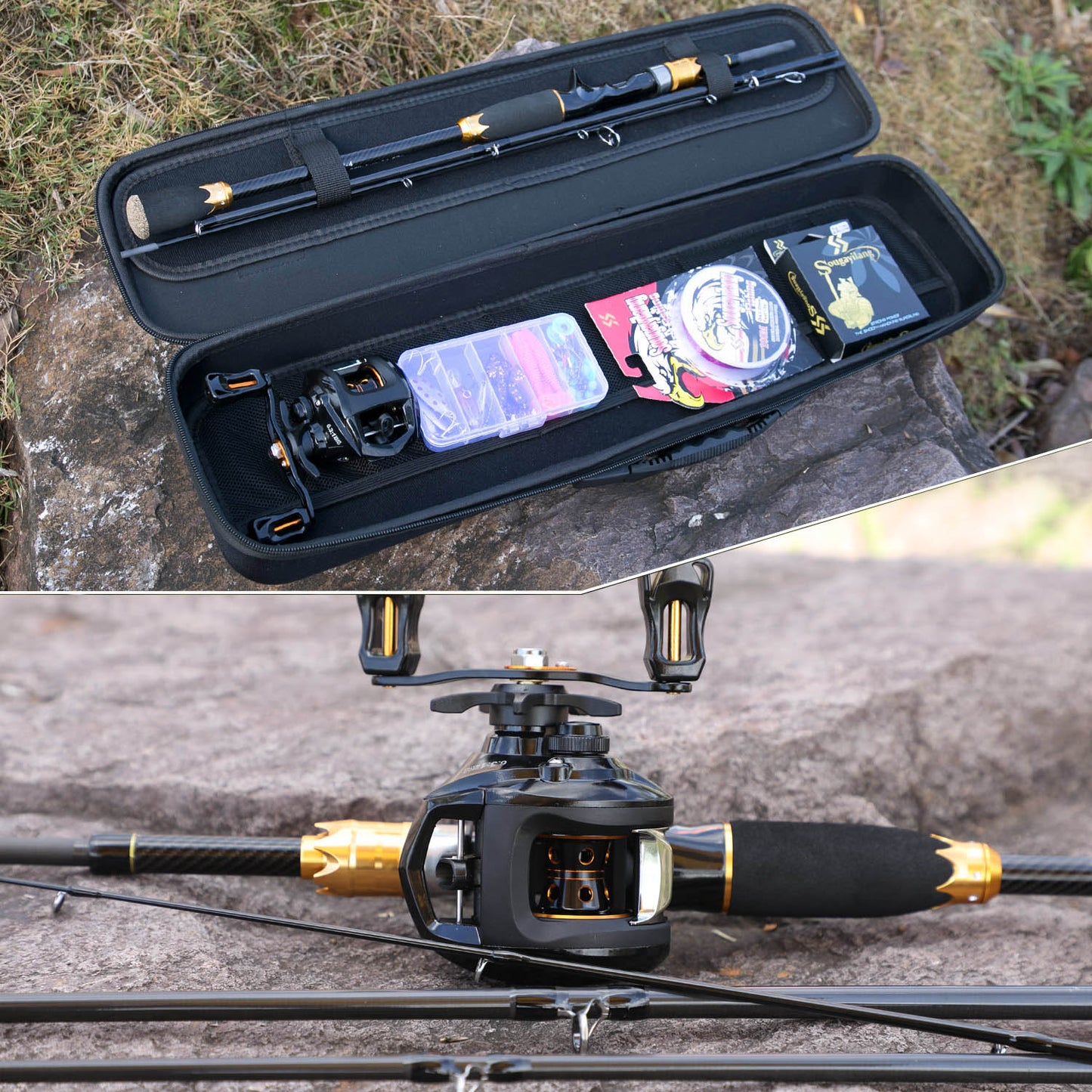 Sougayilang 1.8m 2.1m Baitcsting Rod Full Kit 4 Section M Power Carbon Fishing Rod 100M Fishing Line Lures Hooks Jig Head Pesca