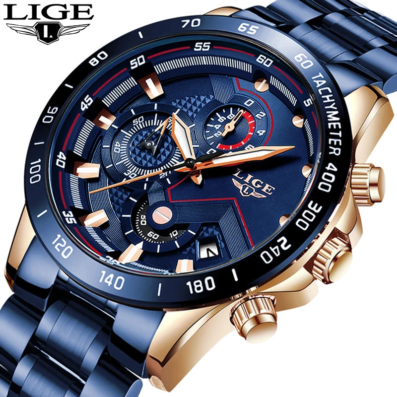 2022 LIGE New Blue Fashion Business Clock Mens Watches Top Brand Luxury All Steel Waterproof Quartz Gold Watch Relogio Masculino