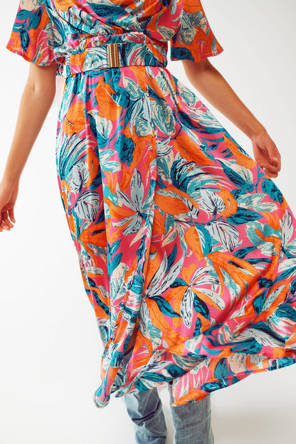 Wrap Maxi Belted Dress With Floral Print in Orange