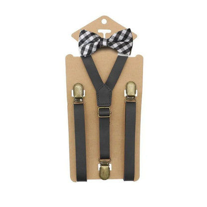 3 Clips Y Back Kid Brown Tan Leather Suspender and Bow Tie Ring Bearer Bowtie Set Birthday Outfit 80*1.5cm Adjustable