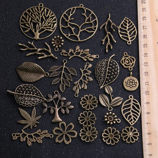 10pcs Vintage Metal Antique Bronze Mix Size/Style Leaf Flower Tree Charms Plant Pendant for Jewelry Making Diy Handmade Jewelry