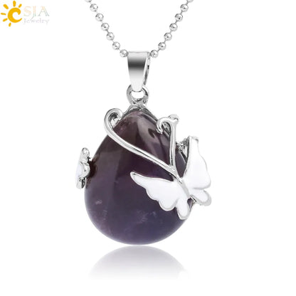 CSJA Water Drop Natural Stone Pendant Butterfly Necklace Pink Quartz Purple Crystal Tiger Eye Flower Necklace for Women Men G082
