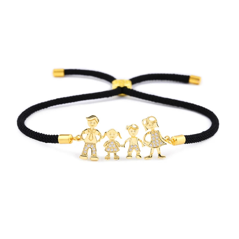 FLOLA Family Black Rope Gold Plated Bracelets Dad Mum Boy Bracelet Kid Adjustable Black String Bracelet Pulseiras Famila Brtb07