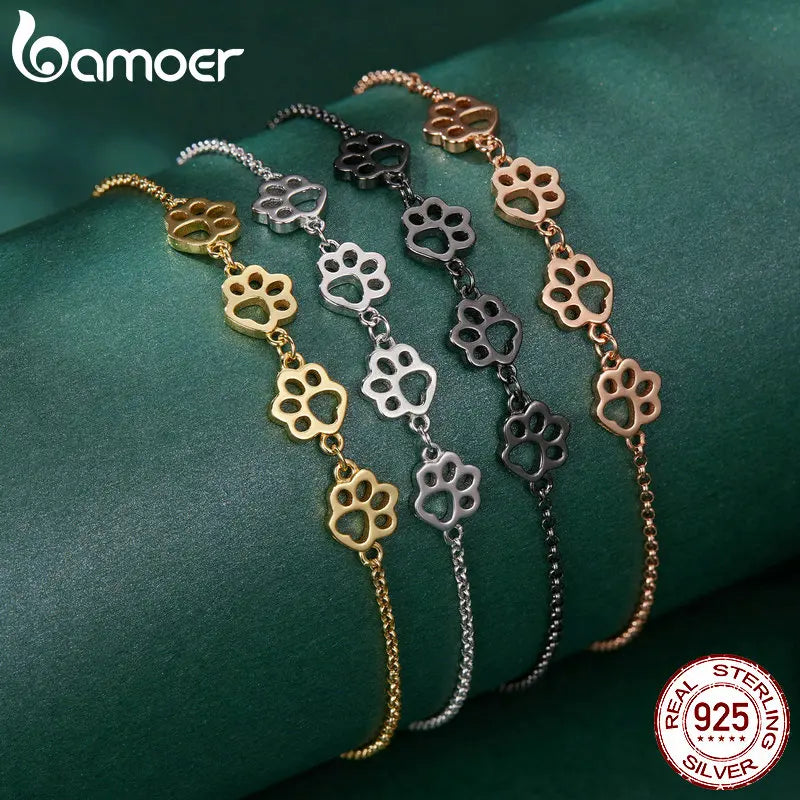 Bamoer 925 Sterling Silver Cute Pet Footprints Bracelet Cat Paw Adjustable Chain Bracelet for Women Birthday