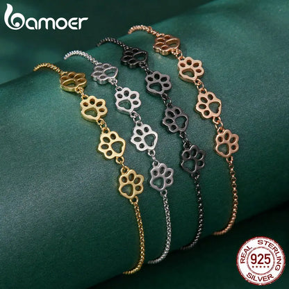 Bamoer 925 Sterling Silver Cute Pet Footprints Bracelet Cat Paw Adjustable Chain Bracelet for Women Birthday