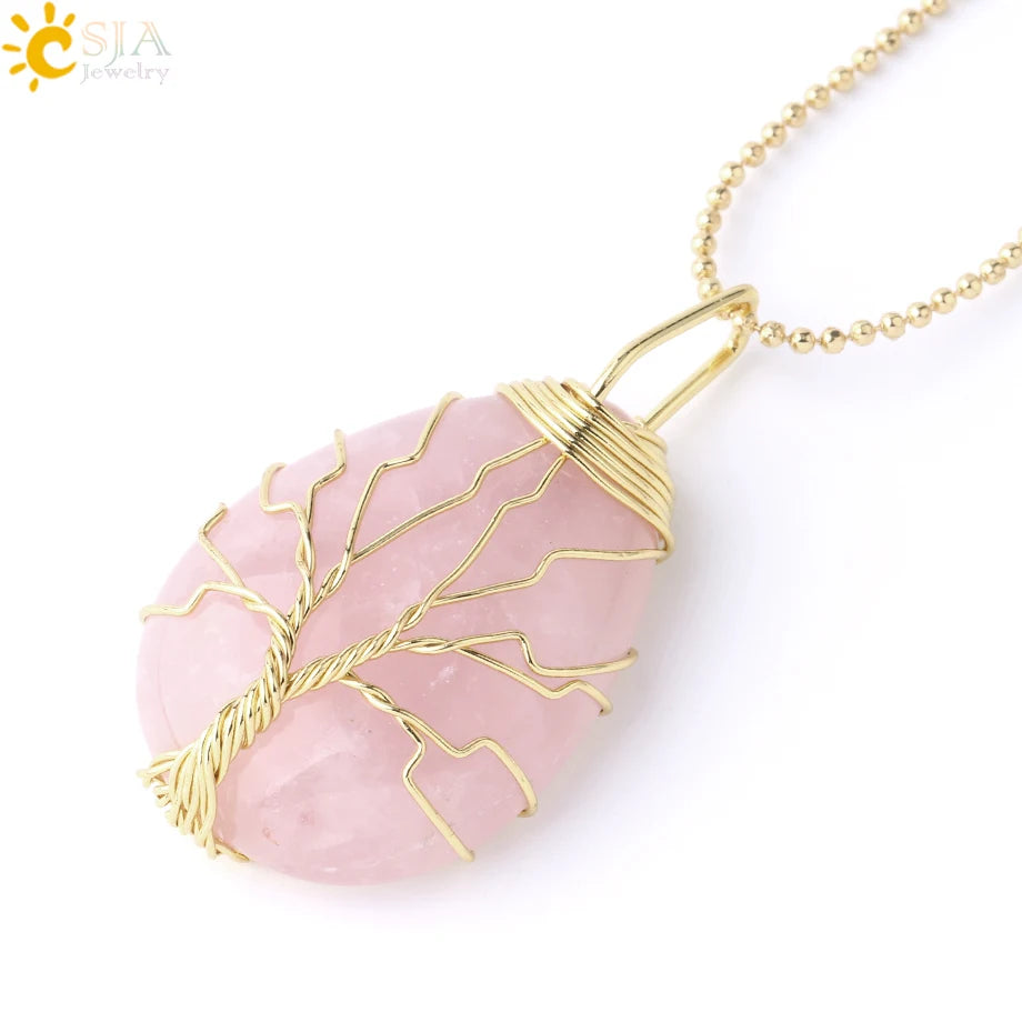 Tiger Eye Tree of Life Crystal Necklace Natural Stone Pendant Wire Wrap Rose Crystals Pink Quartz Amethyst Green Aventurine E585