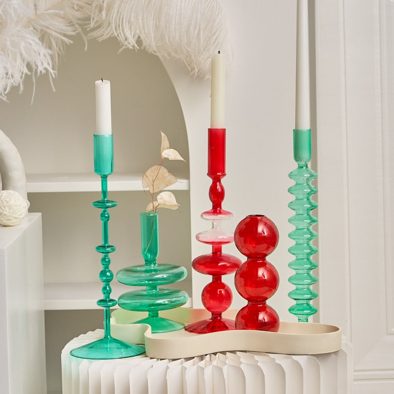 Red Glass Candle Holders Taper Candle Stand Christmas Candle Holder Candlestick Holder Christmas Decor Green Glass