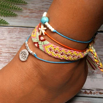 MOON GIRL Handmade Weave Bobo Lotus Anklet Set Fashion Starfish 4 Pieces Bohemian Chic Summer Bracelet Ankle for Women