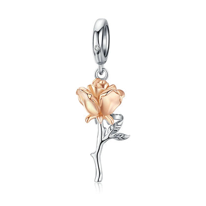 Bamoer 3D Rose Flower Pendant Charm 925 Sterling Silver Rose Gold Color Charms for Bracelet or Necklace DIY Sunflower Charms
