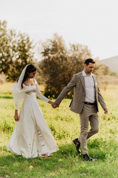 Bestseller Ivory Square Neckline Minimalist Satin Wedding Dress #1351
