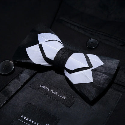 KAMBERFT Designer Brand Handmade Feather and Leather Pre-Tied Bow Tie and Brooch Sets for Men Wedding Party Best Cravate
