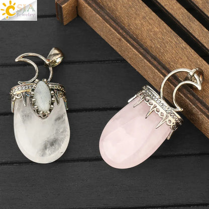 CSJA Natural Stone Crystal Pendants Necklace Antique Silver Color Purple Pink Quartz Necklace Jewelry Crown Moon Charm G274