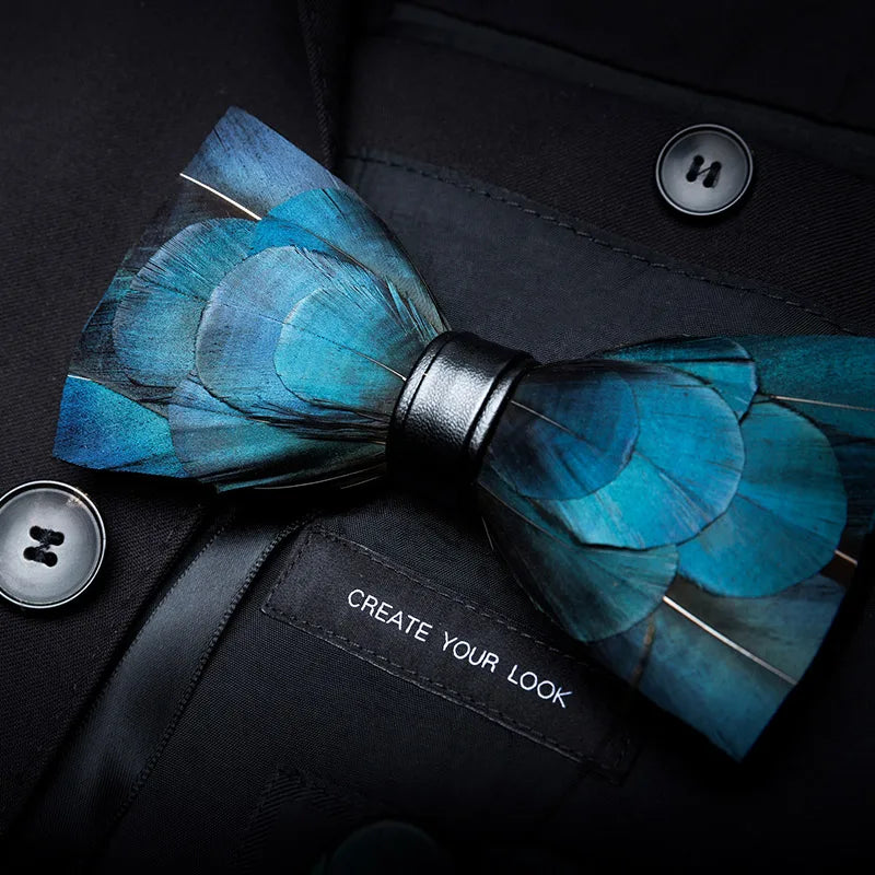 KAMBERFT Designer Brand Handmade Feather and Leather Pre-Tied Bow Tie and Brooch Sets for Men Wedding Party Best Cravate