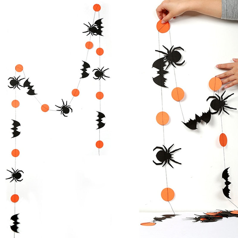 4M Orange/Black Paper Hanging Flag Halloween Decoration Prop Round Spider Pumpkin Bat Bunting Banners Halloween Party Supplies