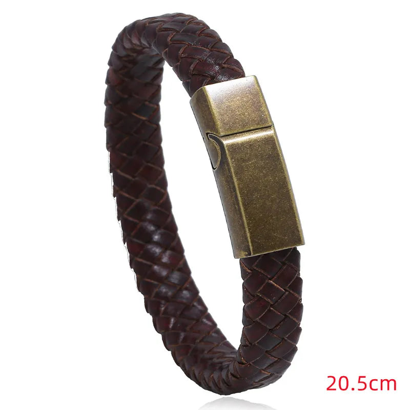 New Men Jewelry Punk Brown Braided Leather Bracelet for Men Stainless Steel Magnetic Clasp 20.5cm Bangles