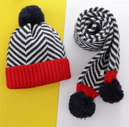 Winter Kid Warm Knit Hat and Scarf Child Patchwork Stripe Hat 2 Piece Set Boy Girls Ear Protection Cap With Pom Pom Scarves