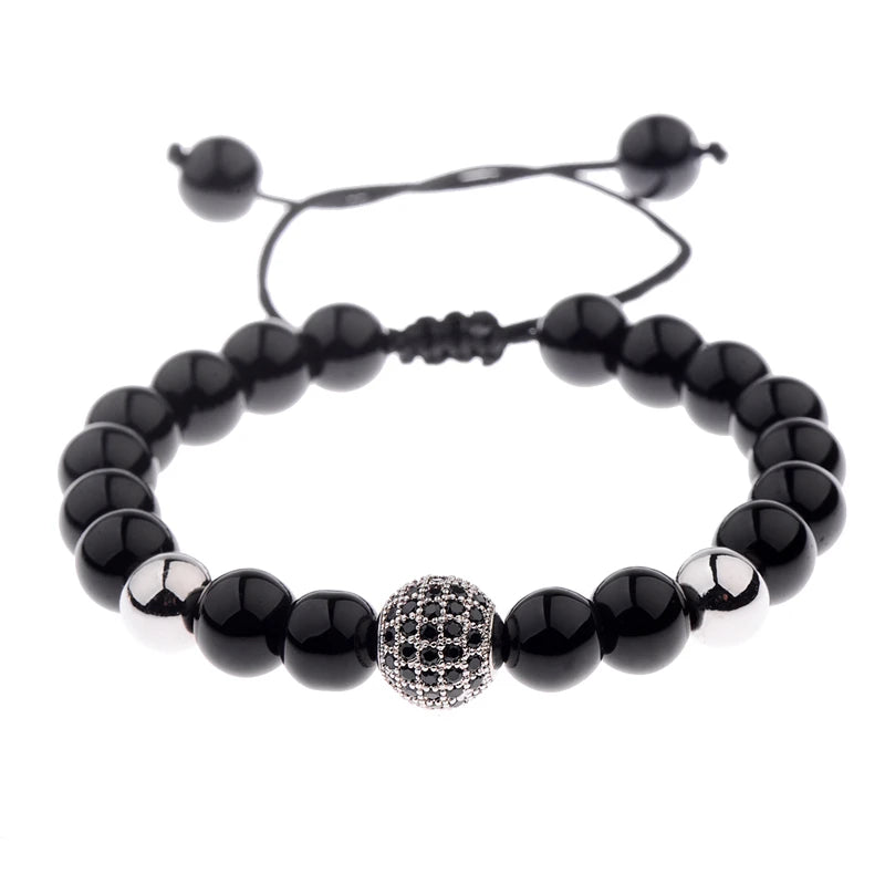 DOUVEI Round Black CZ Zircon Pave Lava Weaving Bracelet Men Beads Weaving Bracelet Homme Adjustable ABL005