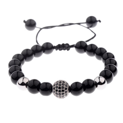 DOUVEI Round Black CZ Zircon Pave Lava Weaving Bracelet Men Beads Weaving Bracelet Homme Adjustable ABL005