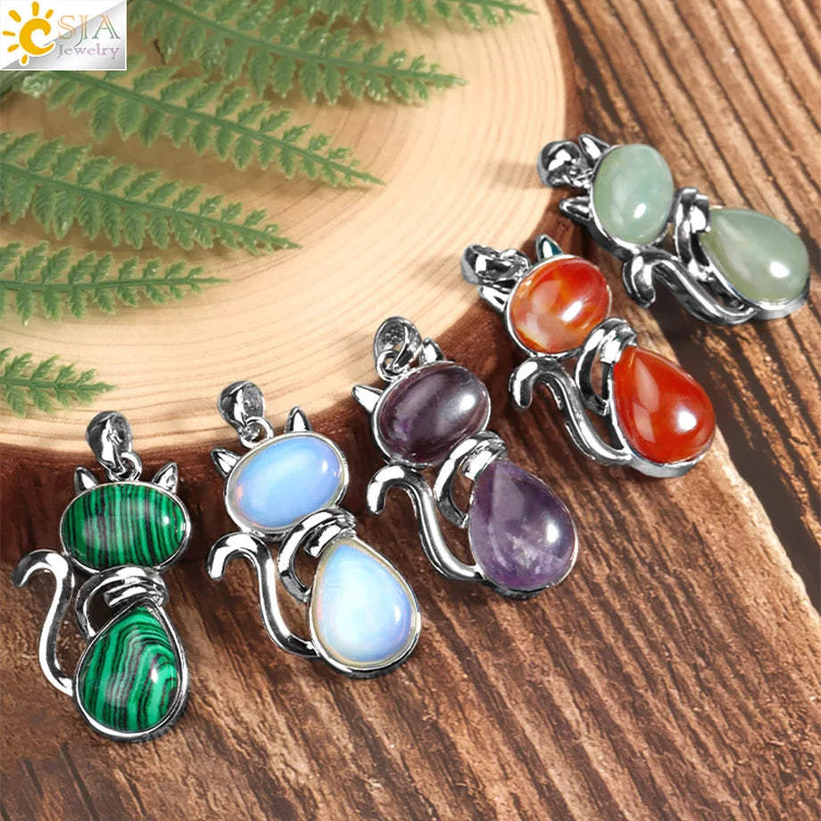 CSJA Chakra Natural Stone Pendant Cute Cat Pendants Suspension for Girl Green Aventurine Pink Crystal Cat Wisiorek Jewelry F072