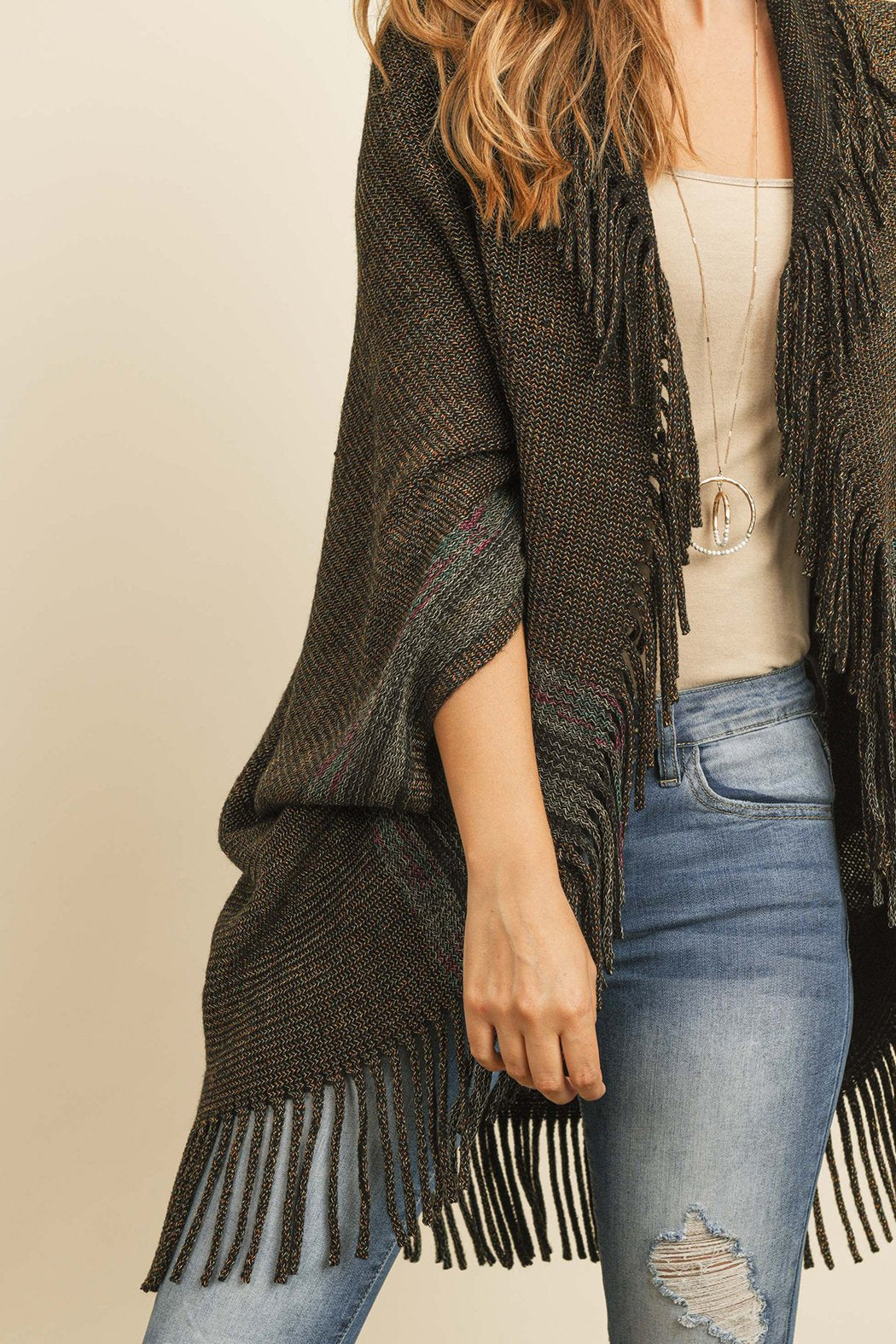 Hdf3072bk - Black Fringe Stripe Open Front Kimono