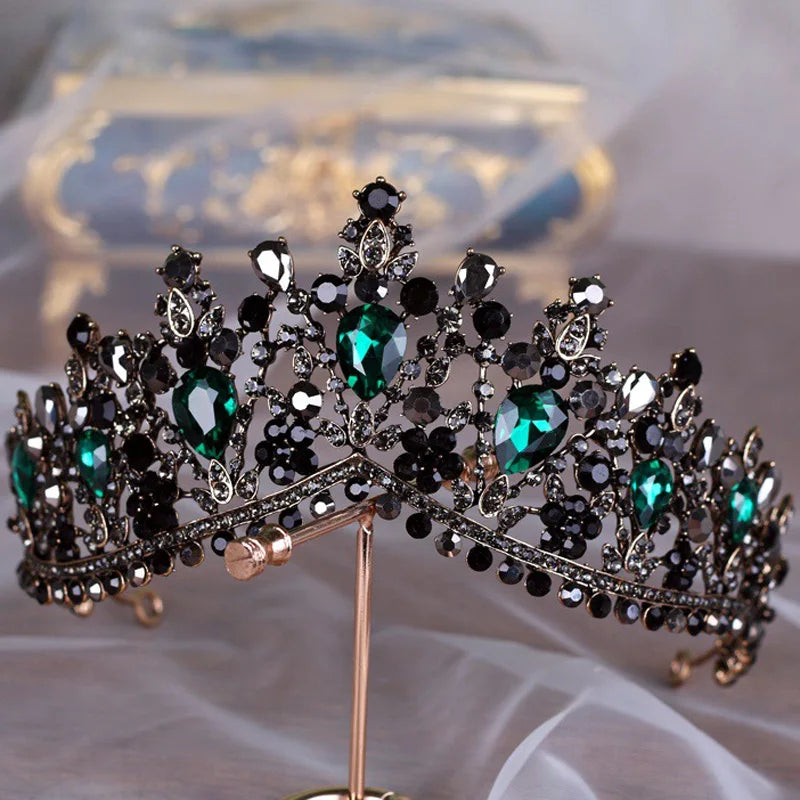 KMVEXO European Green Crystal Tiaras Vintage Black Rhinestone Pageant Crown Baroque Bridal Wedding Hair Jewelry Accessories