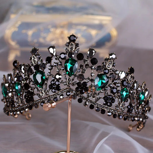 KMVEXO European Green Crystal Tiaras Vintage Black Rhinestone Pageant Crown Baroque Bridal Wedding Hair Jewelry Accessories