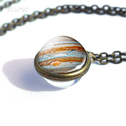 Full Moon Sphere Crystal Ball Glass Necklace Handmade Double Side Glass Ball Pendant Solar System Outer Space Astronomy Jewelry