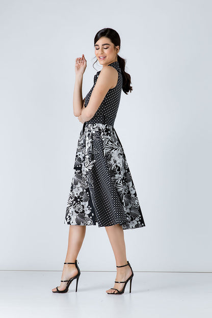Button Detail Black Print Dress