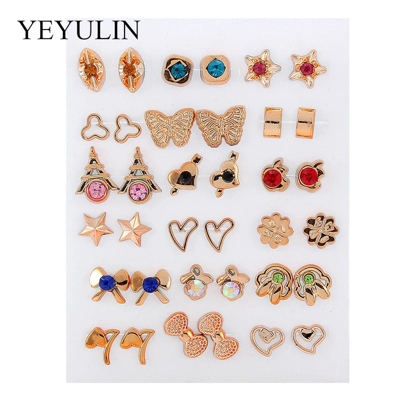 36Pairs/18pairs Earrings Mixed Styles Rhinestone Sun Flower Geometric Animal Plastic Stud Earrings Set for Women Girls Jewelry