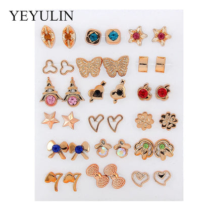36Pairs/18pairs Earrings Mixed Styles Rhinestone Sun Flower Geometric Animal Plastic Stud Earrings Set for Women Girls Jewelry