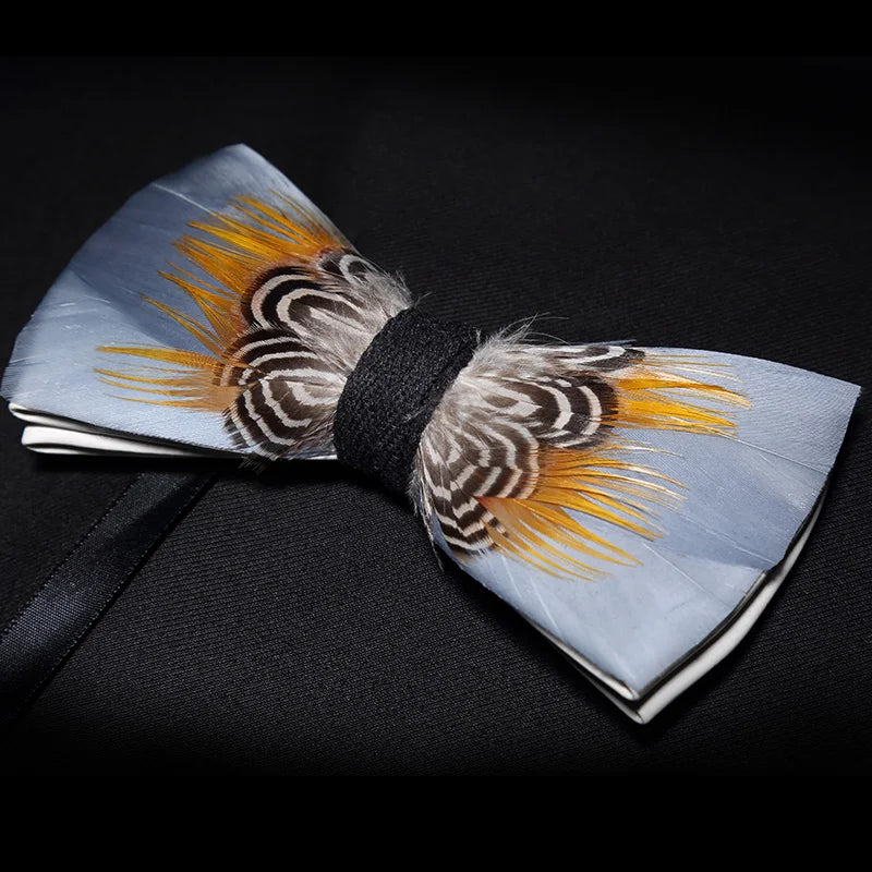 KAMBERFT Designer Brand Handmade Feather and Leather Pre-Tied Bow Tie and Brooch Sets for Men Wedding Party Best Cravate