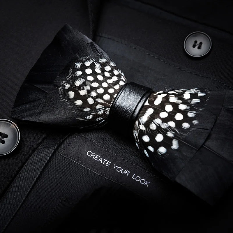KAMBERFT Designer Brand Handmade Feather and Leather Pre-Tied Bow Tie and Brooch Sets for Men Wedding Party Best Cravate