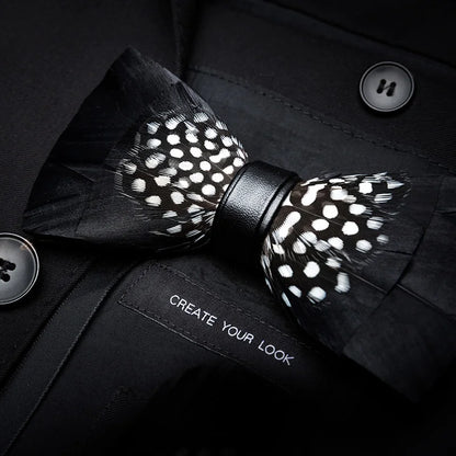KAMBERFT Designer Brand Handmade Feather and Leather Pre-Tied Bow Tie and Brooch Sets for Men Wedding Party Best Cravate