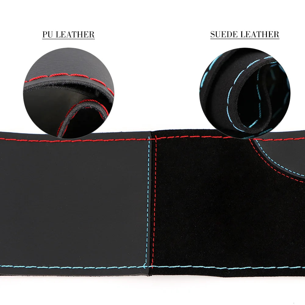 O SHI CAR 38cm DIY Steering Wheel Cover Wear-Resistant Soft PU + Suede Leather Car Steering-Wheel Braid With Needles Thread