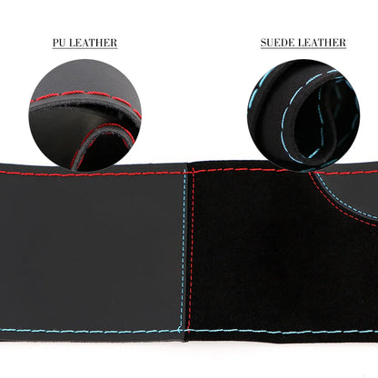O SHI CAR 38cm DIY Steering Wheel Cover Wear-Resistant Soft PU + Suede Leather Car Steering-Wheel Braid With Needles Thread