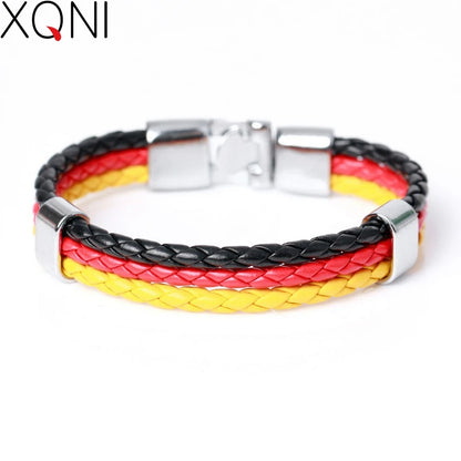 XQNI Fashion National Spain Flag ID Leather Bracelet Trendy Braided Surfer Bandage Charm Sporty Bracelets for Men Women Bangles
