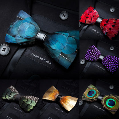KAMBERFT Designer Brand Handmade Feather and Leather Pre-Tied Bow Tie and Brooch Sets for Men Wedding Party Best Cravate