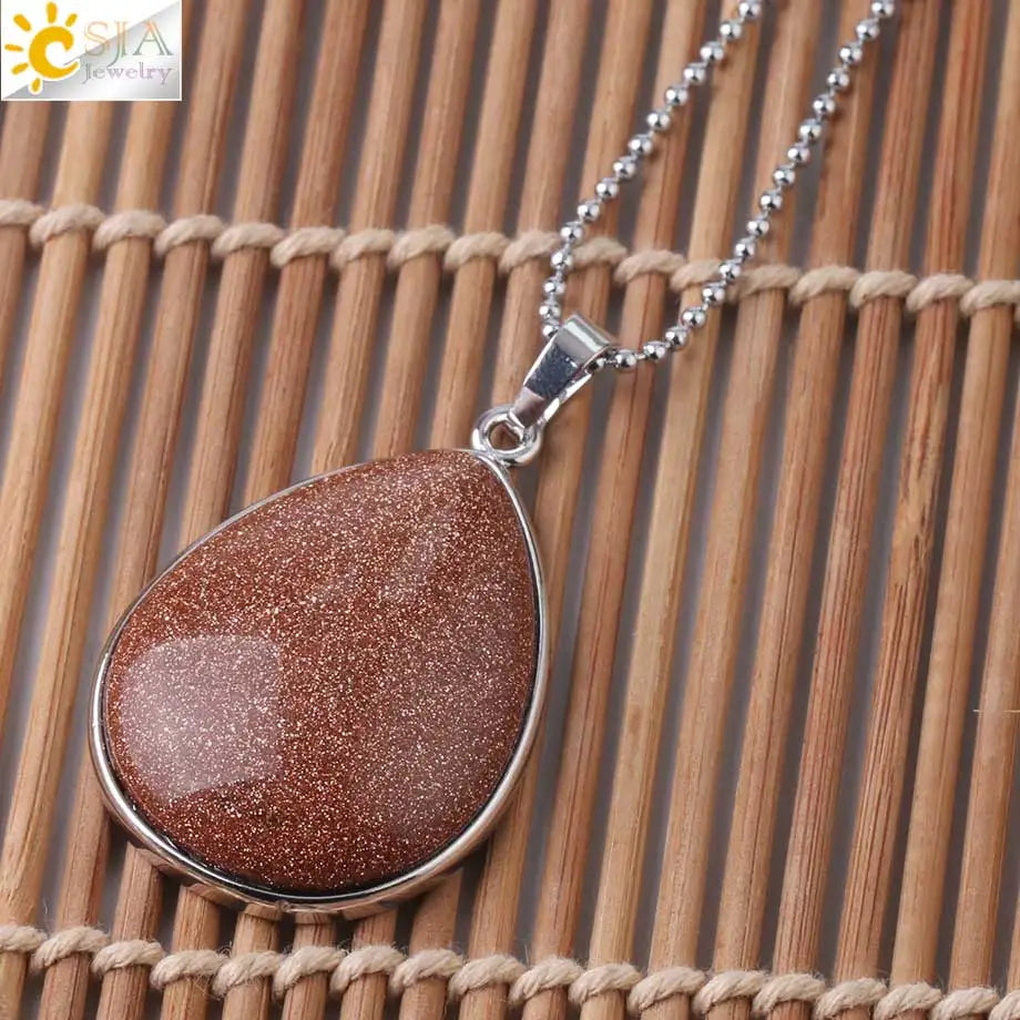 CSJA Natural Stone Pendants  Tiger Eye Pink Quartz Purple Crystal Lapis Necklace Water Drop Flat Bead Women Healing Jewelry F982