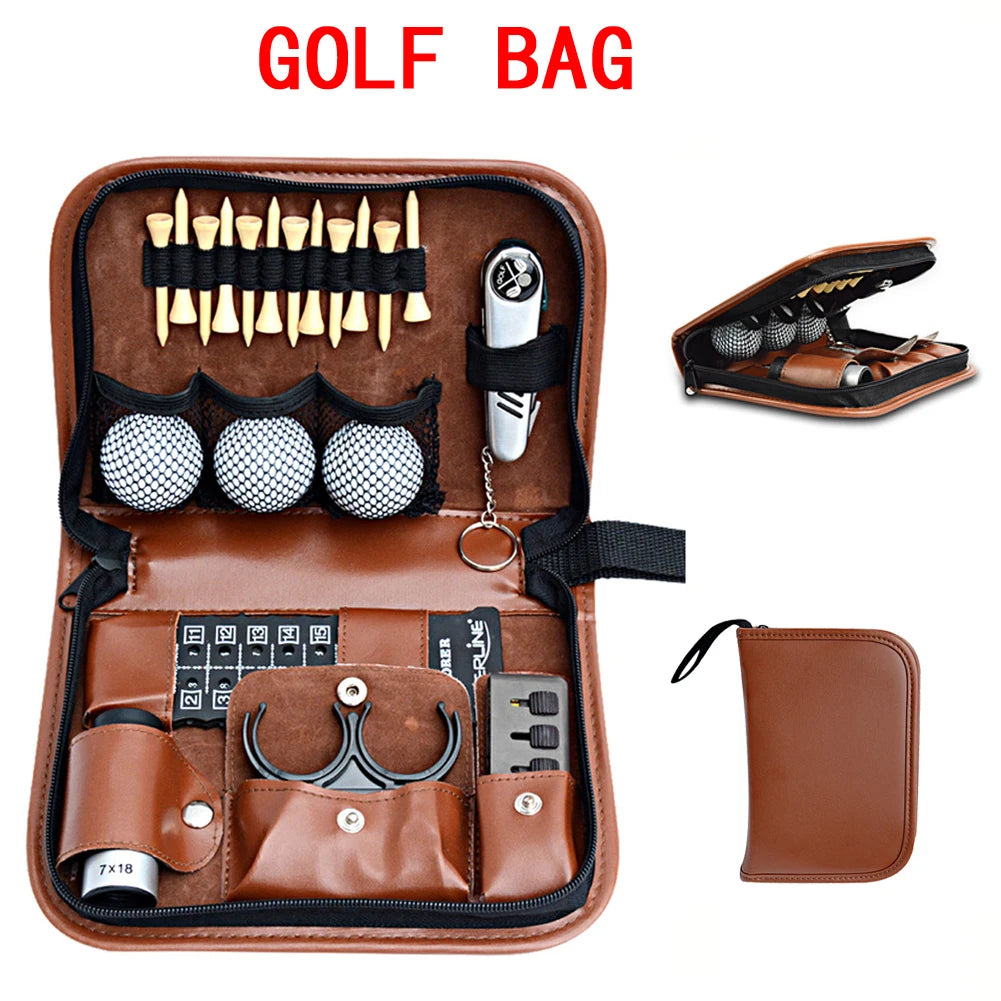 1PC Golf Bag Artificial/Faux Leather Golfer's Set Tool Kit Carrying Range Finder Knife Brush Ball Clip Tee Score Brown New