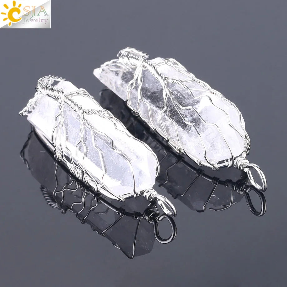 CSJA Natural Crystal Pillar Big Pendants Antique Copper Wire Wrapped Tree of Life Quartz Pendant for Necklace PPC Chain F554