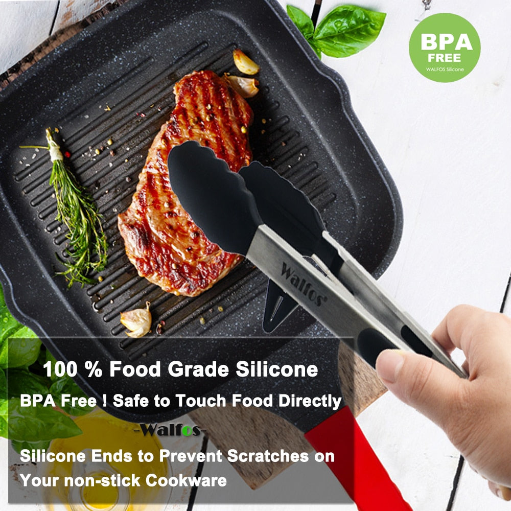 WALFOS  22 CM and 30CM Food Grade 100% Silicone Food Tong Kitchen Tongs Utensil Cooking Tong Clip Clamp Salad Serving BBQ Tools