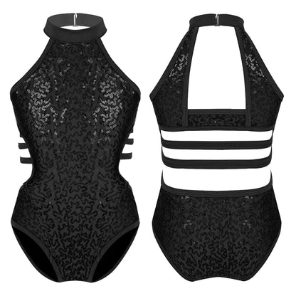 Kids Girls Gymnastics Leotards Child Sparkly Sequins Dancewear Sleeveless