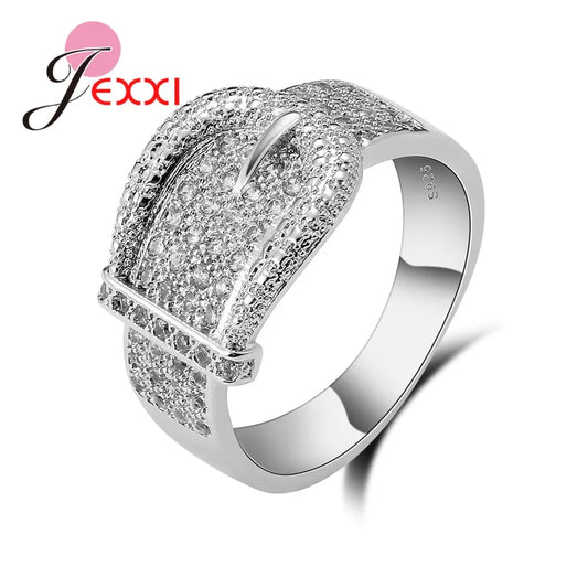 Trendy 925 Sterling Silver Women's Crystal Rings With Stones Belt Buckle Design Jewelry